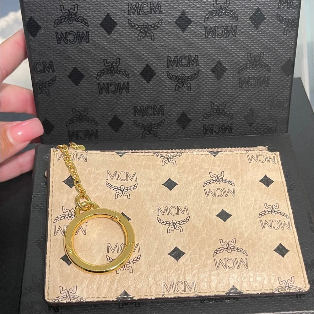 MCM Tan Monogram Key Holder with Gold Chain